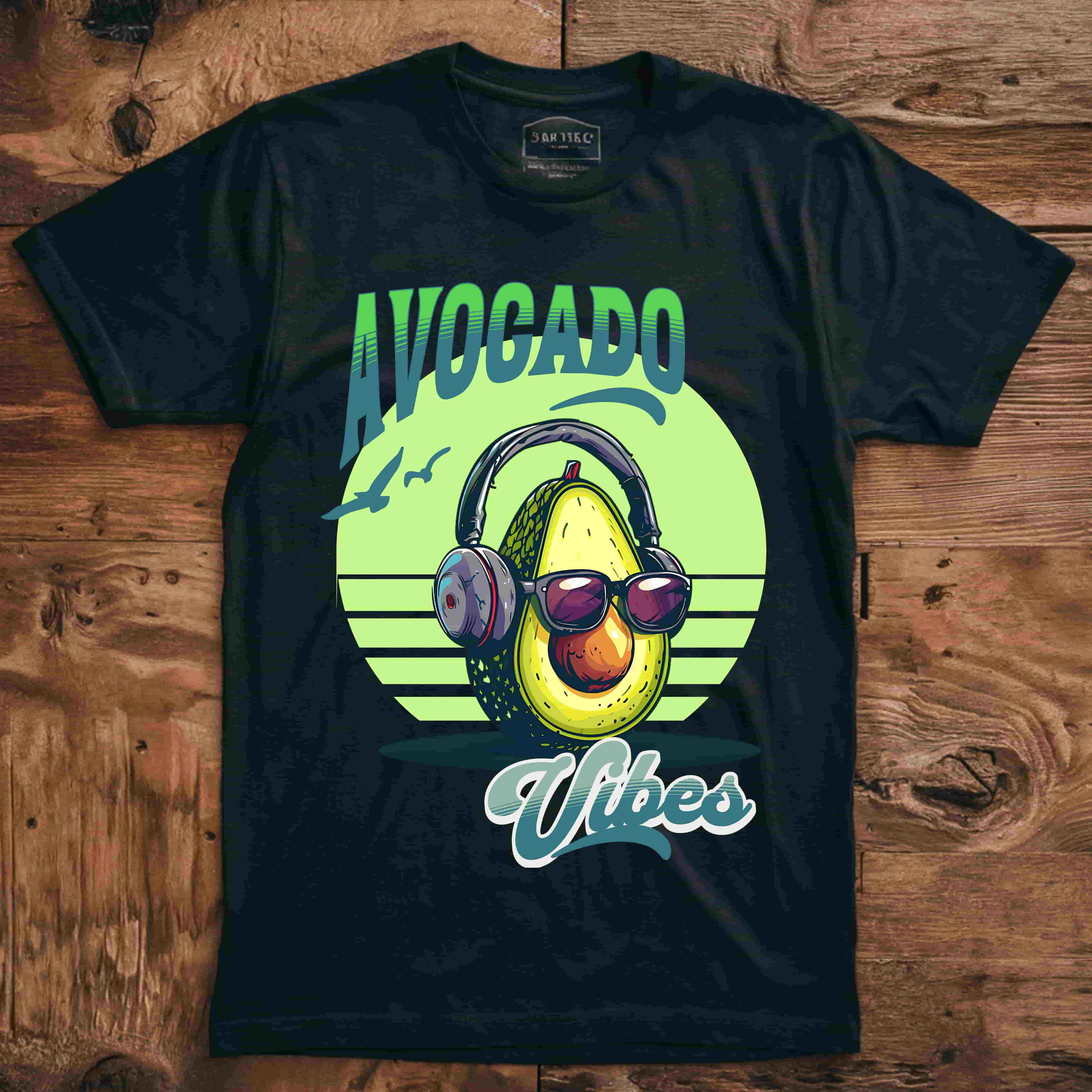 Avocado with headphones and glasses design on Bella Canvas 3001 T-shirt available in Aqua, Athletic Heather, Berry, Black, Dark Grey Heather, Heather Kelly, Heather Navy, Heather Red, Heather Team Purple, Navy, True Royal, White, Heather Aqua.