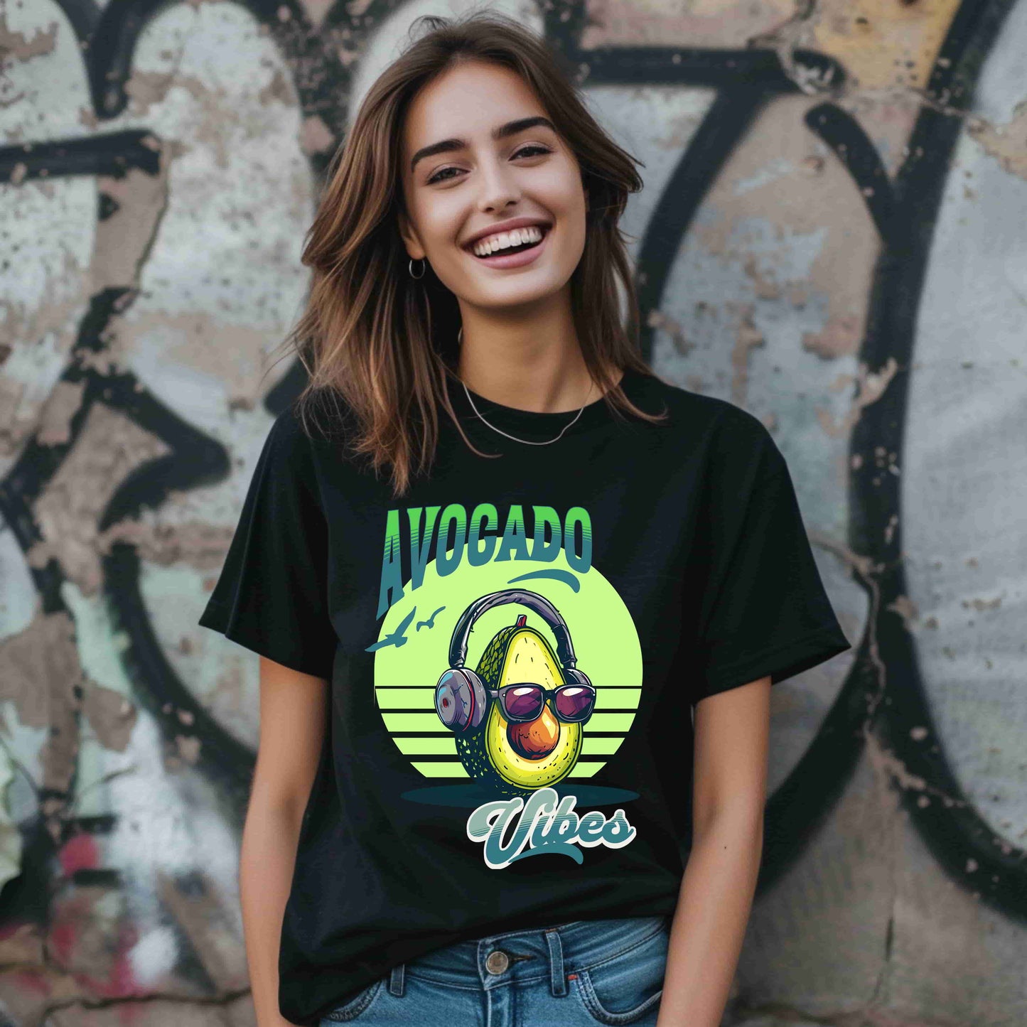 Avocado with headphones and glasses design on Bella Canvas 3001 T-shirt available in Aqua, Athletic Heather, Berry, Black, Dark Grey Heather, Heather Kelly, Heather Navy, Heather Red, Heather Team Purple, Navy, True Royal, White, Heather Aqua.