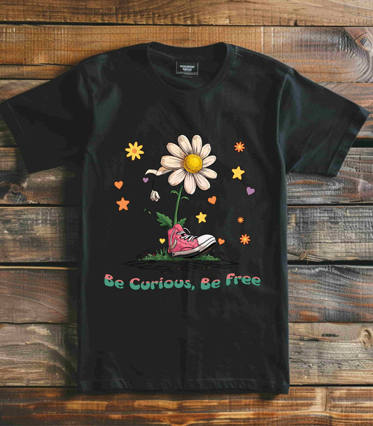 sunflower growing inside a Converse sneaker with the text 'Be Curious Be Free' designed for t-shirts in multiple colors including Athletic Heather, Berry, Black, Dark Grey Heather, Heather Red, Heather Team Purple, Heather True Royal, Kelly, Navy, White, and Charity Pink.