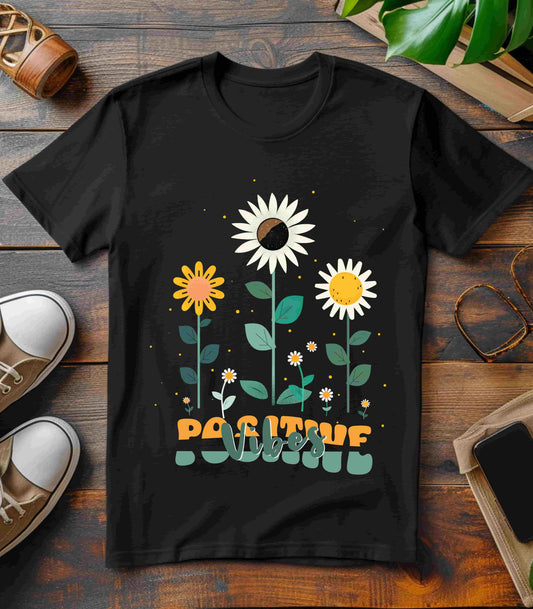 Colorful floral illustration with 'Positive Vibes' - featuring a trio of vibrant flowers, including a sunflower-like bloom with white petals, an orange flower with simple petals, and a yellow flower with round petals, all set against a light backdrop adorned with whimsical dots and the uplifting phrase 'Positive Vibes' in playful orange font, Aqua, Athletic Heather, Berry, Black, Dark Grey, Dark, Grey, Heather, Heather Kelly, Heather Red, Heather Team, Purple, Navy, Pink, Ash, Heather, Aqua, Charity Pink