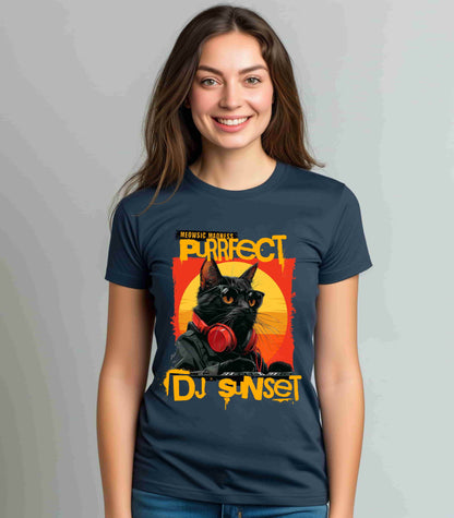 “Turntable Feline: The Sunset DJ Cat – A charismatic black cat dons DJ gear, complete with sunglasses and headphones, set against a vibrant sunset-inspired backdrop, with ‘Meowsic Madness’ and ‘Purrfect’ emblazoned above, capturing the essence of a purrfectly orchestrated music event printed in different t-shirts colors like Athletic Heather Berry Black Dark Grey Heather Heather Navy Navy Ash.” 