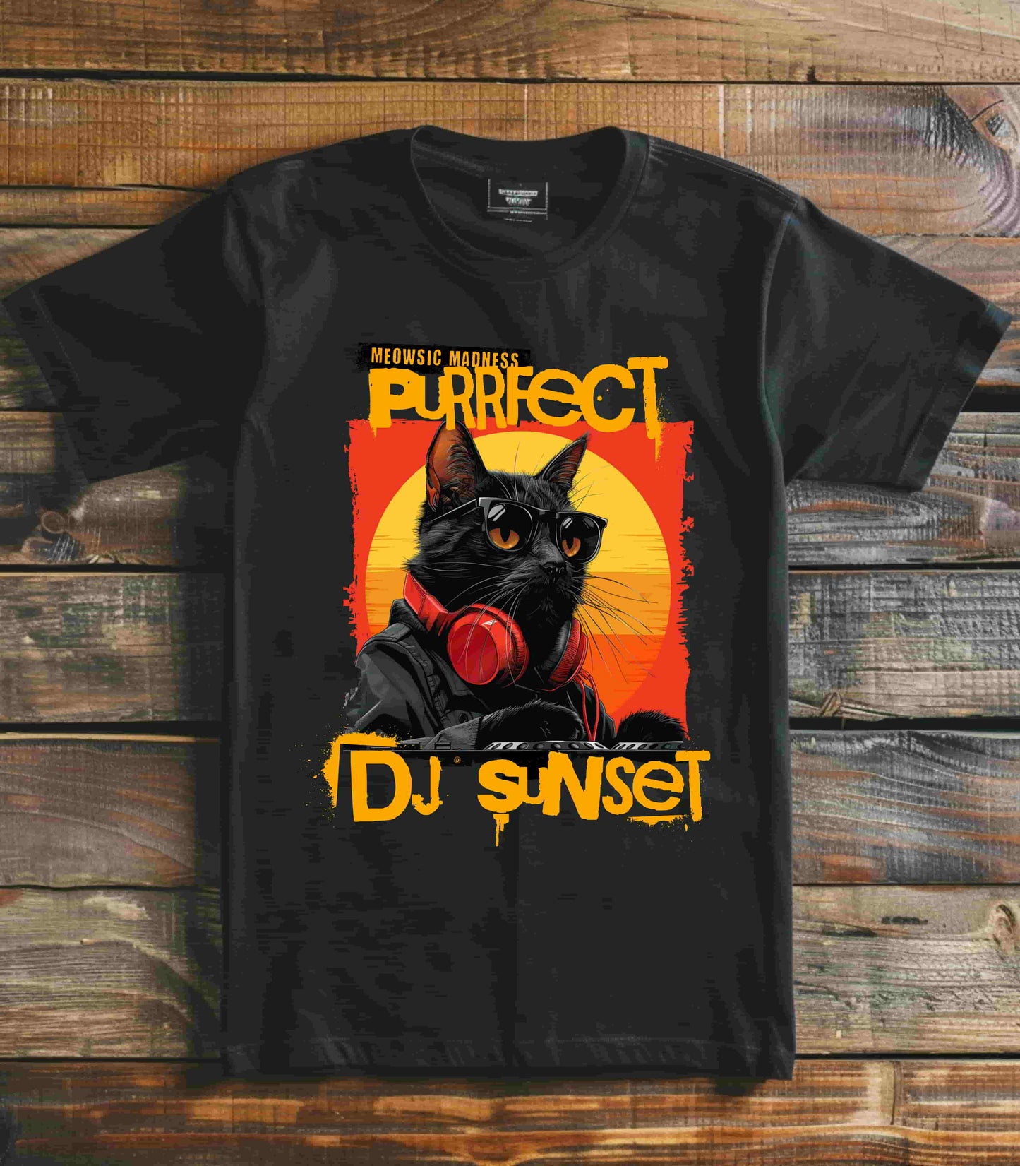 “Turntable Feline: The Sunset DJ Cat – A charismatic black cat dons DJ gear, complete with sunglasses and headphones, set against a vibrant sunset-inspired backdrop, with ‘Meowsic Madness’ and ‘Purrfect’ emblazoned above, capturing the essence of a purrfectly orchestrated music event printed in different t-shirts colors like Athletic Heather Berry Black Dark Grey Heather Heather Navy Navy Ash.” 