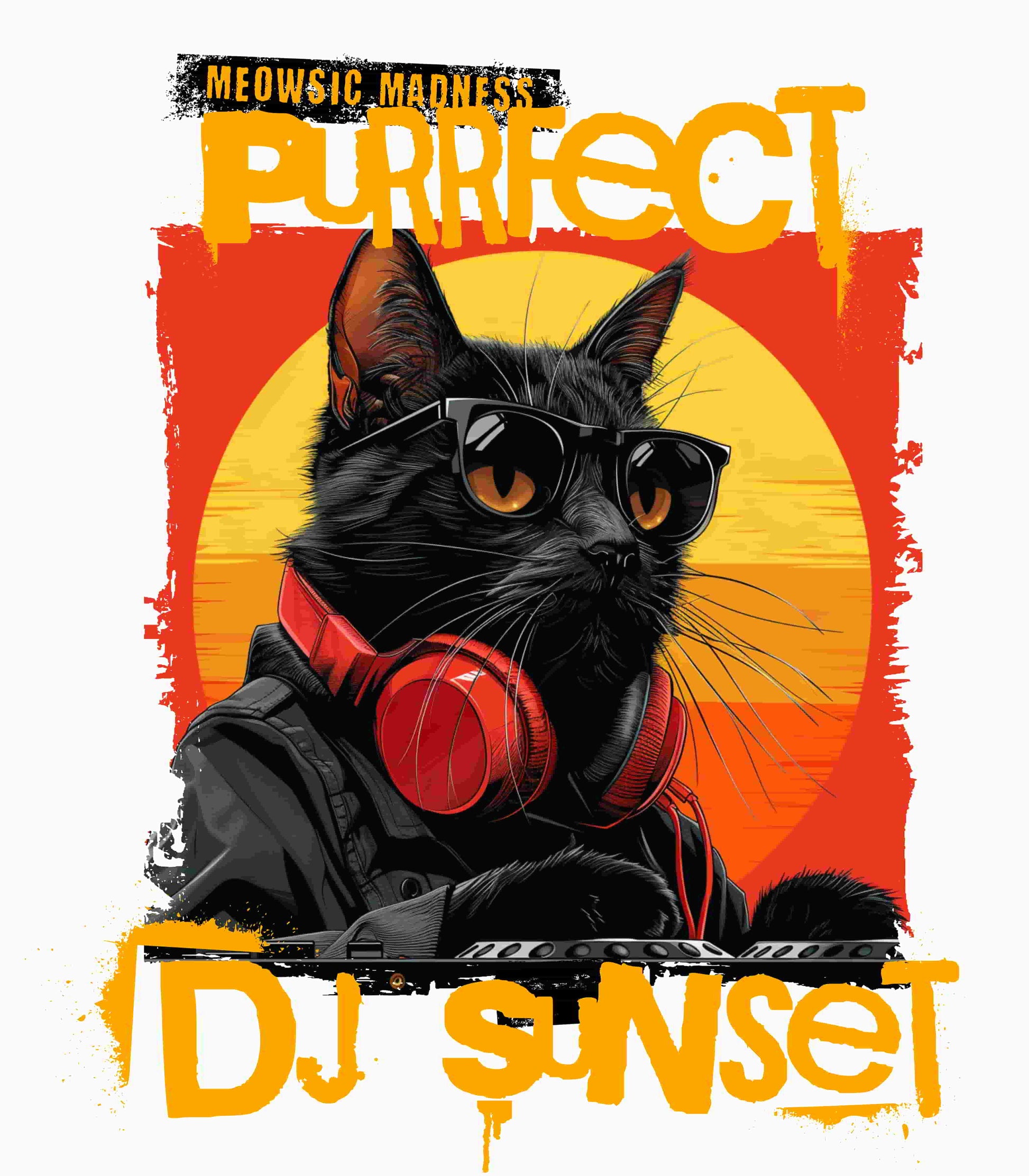 “Turntable Feline: The Sunset DJ Cat – A charismatic black cat dons DJ gear, complete with sunglasses and headphones, set against a vibrant sunset-inspired backdrop, with ‘Meowsic Madness’ and ‘Purrfect’ emblazoned above, capturing the essence of a purrfectly orchestrated music event printed in different t-shirts colors like Athletic Heather Berry Black Dark Grey Heather Heather Navy Navy Ash.” 