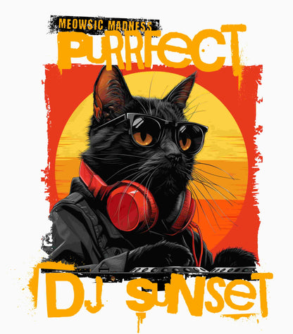 “Turntable Feline: The Sunset DJ Cat – A charismatic black cat dons DJ gear, complete with sunglasses and headphones, set against a vibrant sunset-inspired backdrop, with ‘Meowsic Madness’ and ‘Purrfect’ emblazoned above, capturing the essence of a purrfectly orchestrated music event printed in different t-shirts colors like Athletic Heather Berry Black Dark Grey Heather Heather Navy Navy Ash.” 