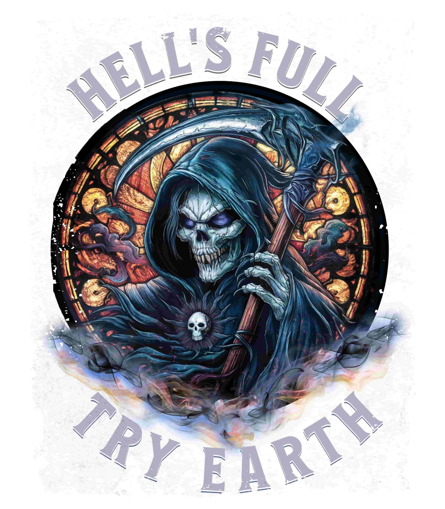 “Grim Humor: ‘Hell’s Full, Try Earth’ – A skull, adorned with the ominous aura of death, grins wickedly. Against a backdrop hinting at apocalyptic times, the text humorously suggests that even hell has reached capacity, leaving Earth as the next best option print in t-shirts in different colors like Aqua Athletic Heather Black Dark Grey Heather Heather Red Heather Team Purple Heather True Royal Kelly Navy Pink White.”