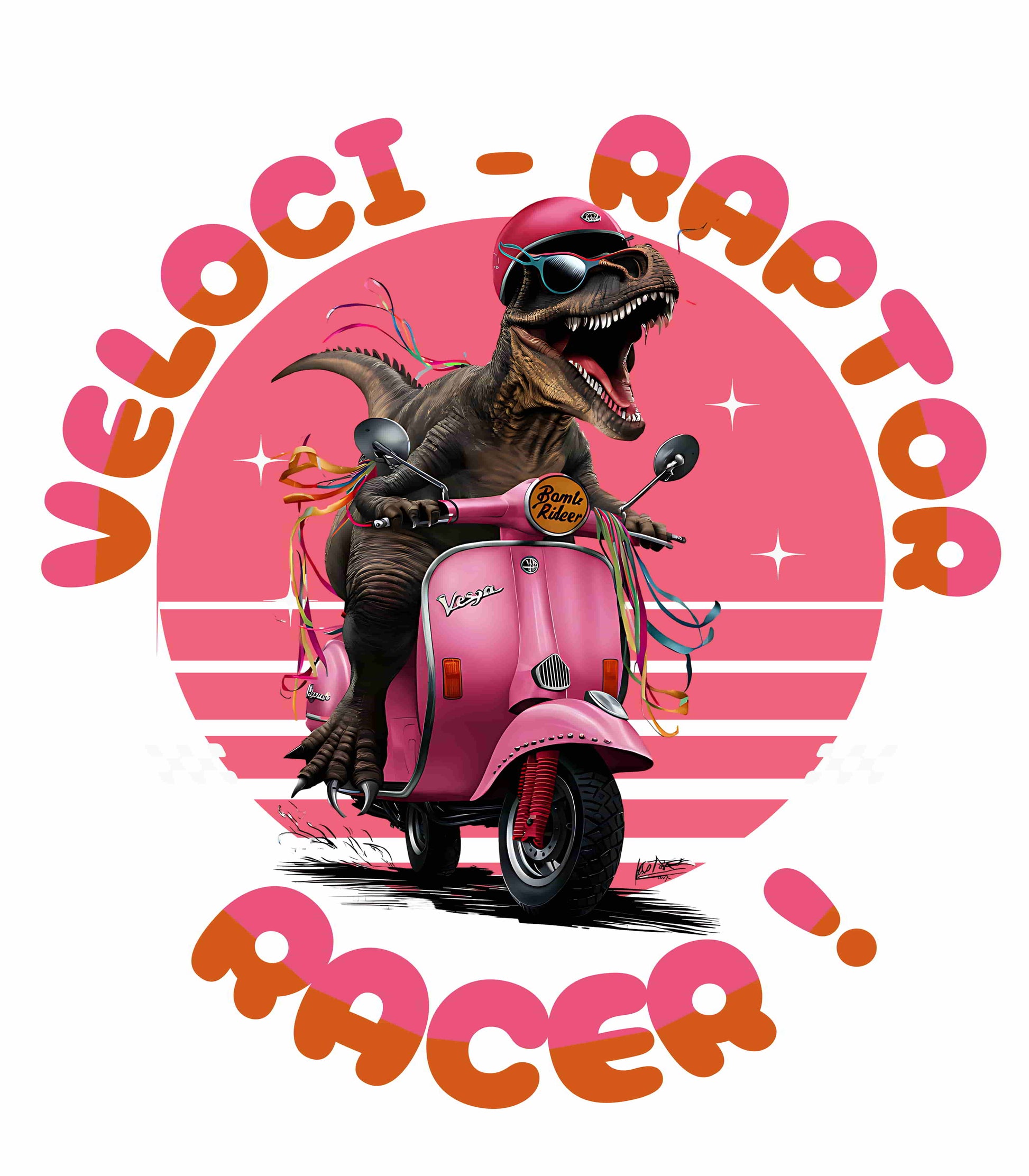 The Design is a Whimsical funny velociraptor riding a pink Vespa scooter with ‘VELOCI-RAPTOR RACER!’ in bold orange-red text on a circular gradient pink, printed in a t-shirt in those colors: Athletic Heather Baby Blue Berry Black Dark Grey Heather Heather Navy Navy Pink Steel Blue White Ash Heather Aqua Charity Pink.