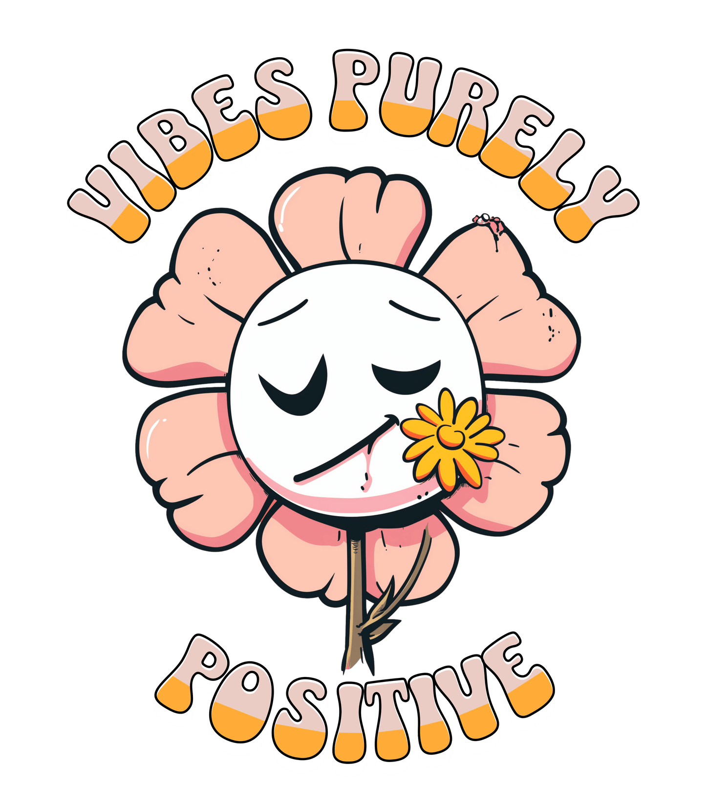 Cute pink flower with a smiling face and a yellow flower in its mouth, accompanied by the text "Vibes Purely Positive." This cheerful design is perfect for t-shirts available in colors Aqua, Berry, Black, Dark Gray, Heather Kelly, Heather Team Purple, Heather True Royal, Navy, White, and Charity Pink.